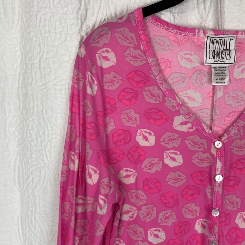 Mentally Exhausted Women’s Hot Pink Lips Onesie Pajamas sz XL